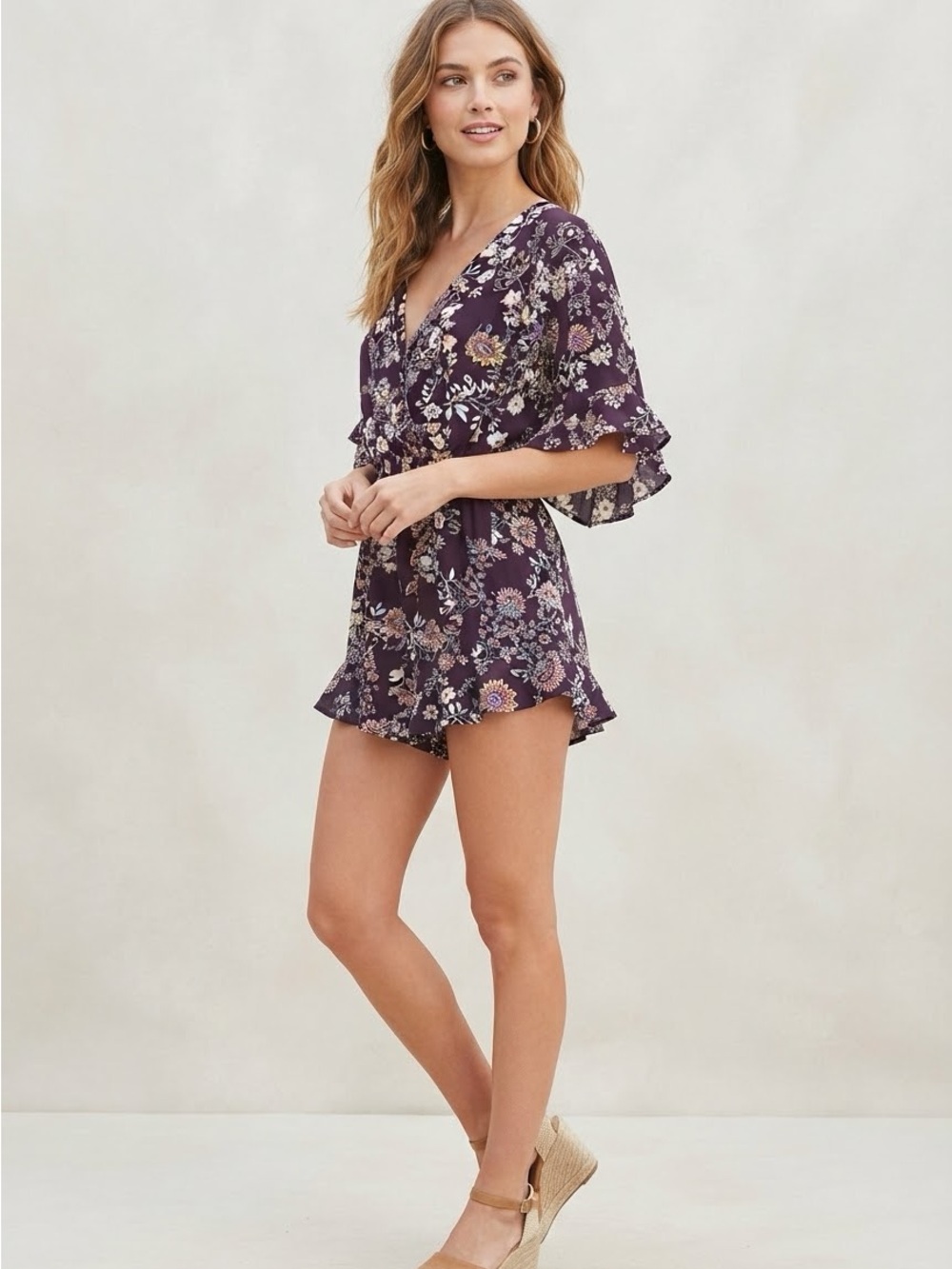 Monteau| Plum Purple & Cream Floral Filigree Faux Wrap Boho Shorts Romper Sz M